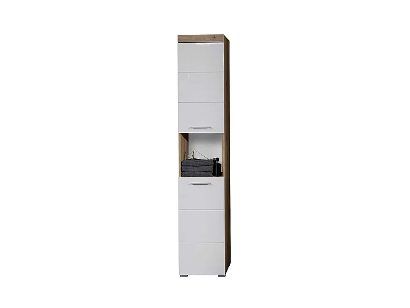 Meuble de salle de bain mélaminé - Meuble Colonne. Blanc-Chêne brillant. L-H-P : 37 - 190 - 31 cm