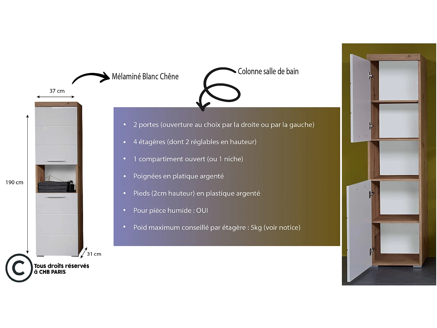 Meuble de salle de bain mélaminé - Meuble Colonne. Blanc-Chêne brillant. L-H-P : 37 - 190 - 31 cm