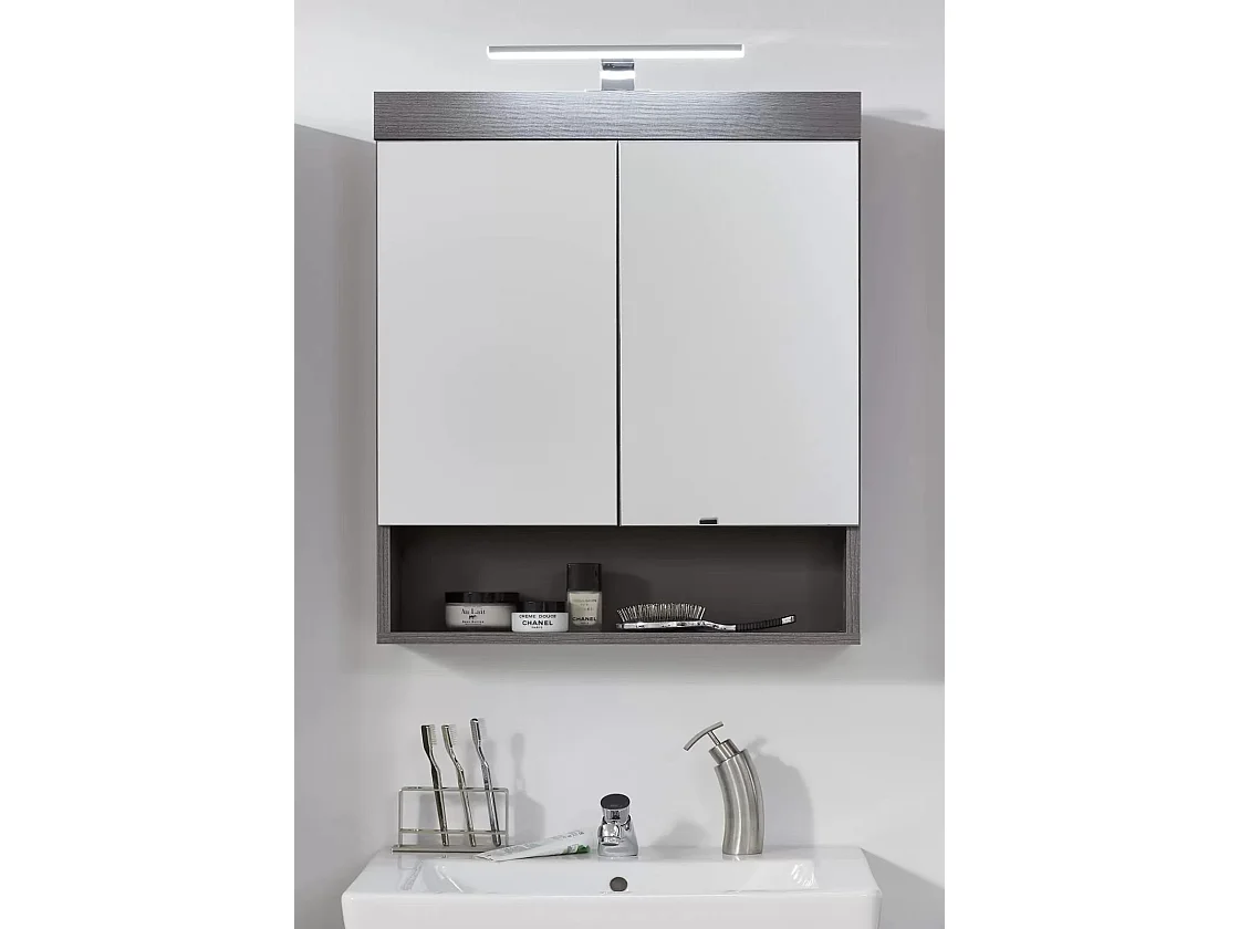 Armoire de toilette 2 portes mélaminé chêne foncé avec miroir Rune