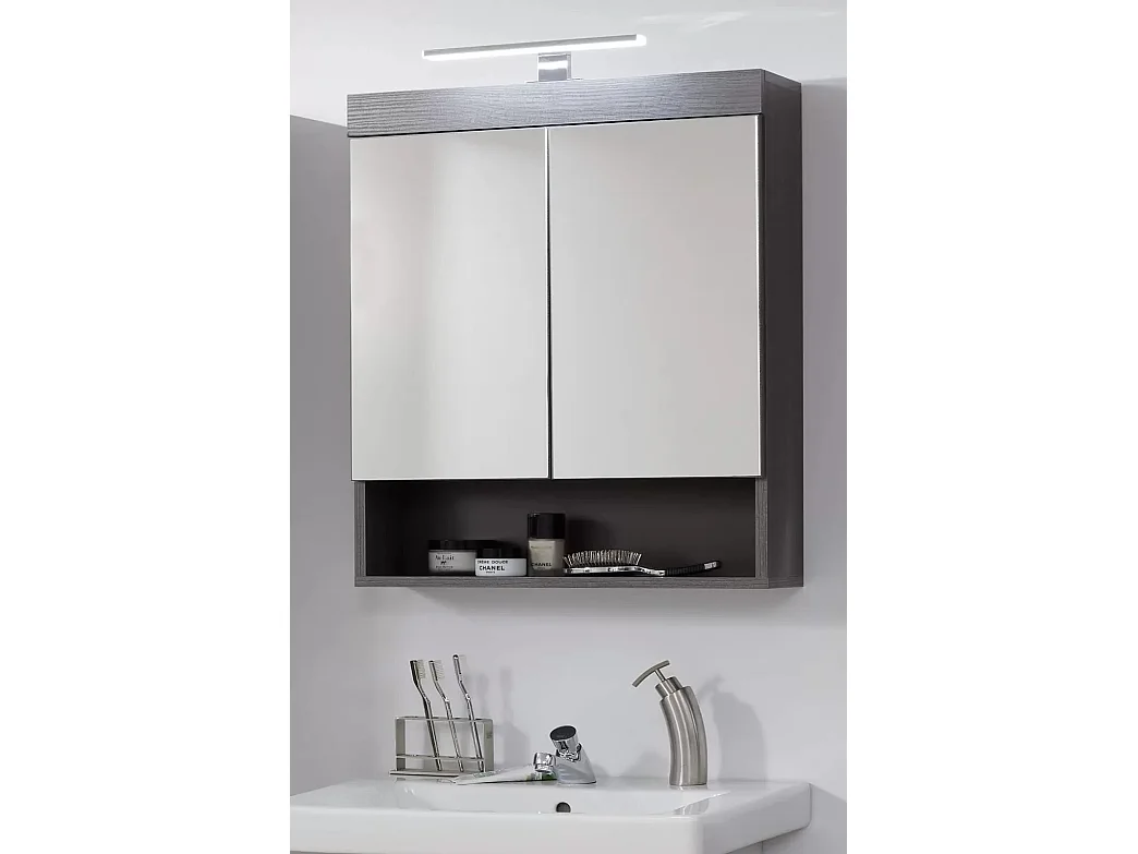 Armoire de toilette 2 portes mélaminé chêne foncé avec miroir Rune