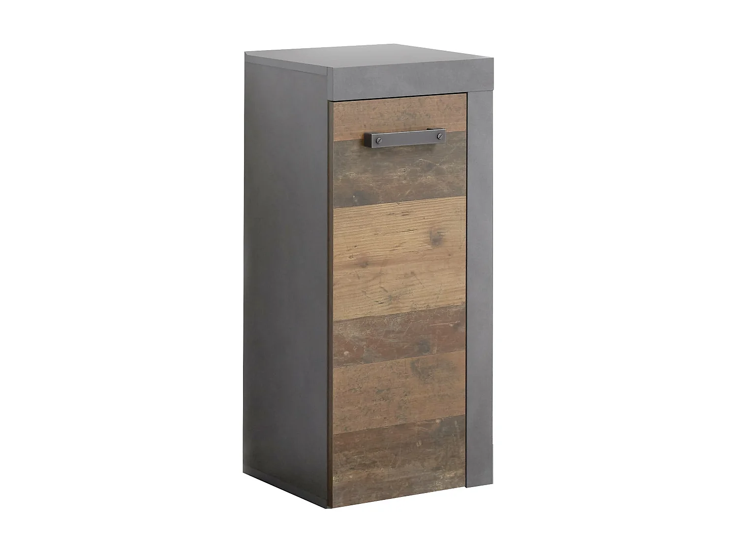 Meuble bas salle de bain en mélaminé coloris noyer avec finition gris ciment. L - H - P : 36 | 81 | 31 cm.