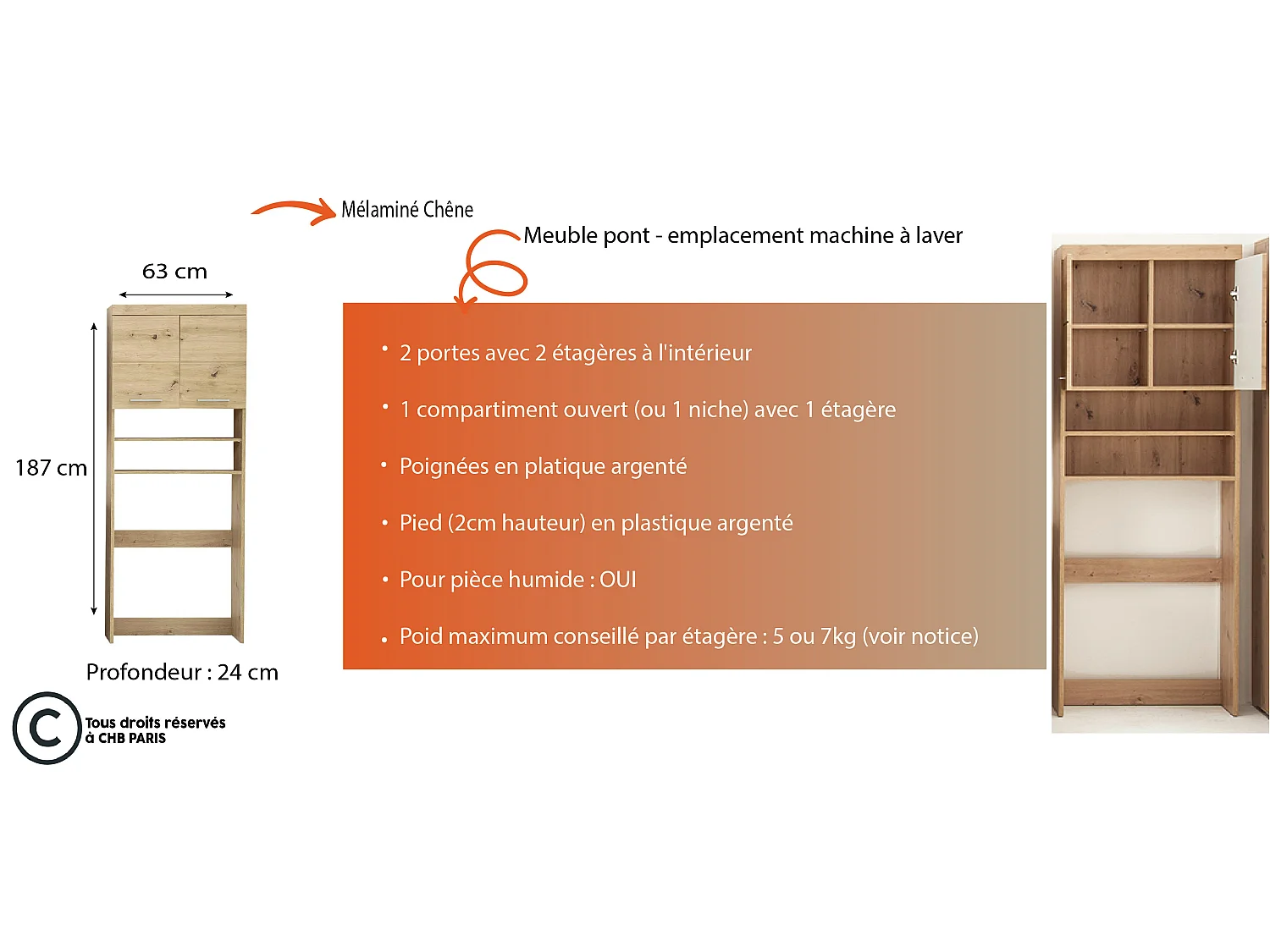 Meuble de salle de bain mélaminé emplacement lave linge. Chêne. L-H-P : 63 - 187 - 24 cm.