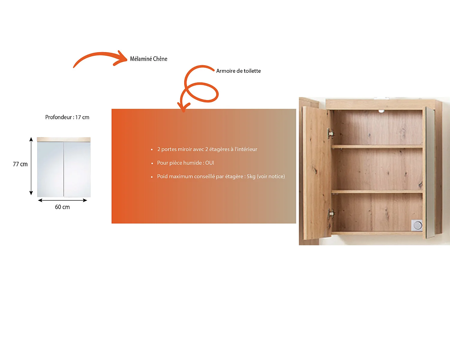 Armoire de toilette murale - 2 portes miroir -  mélaminé blanc - bandeau chêne  L - H - P : 60 - 77 - 17 cm