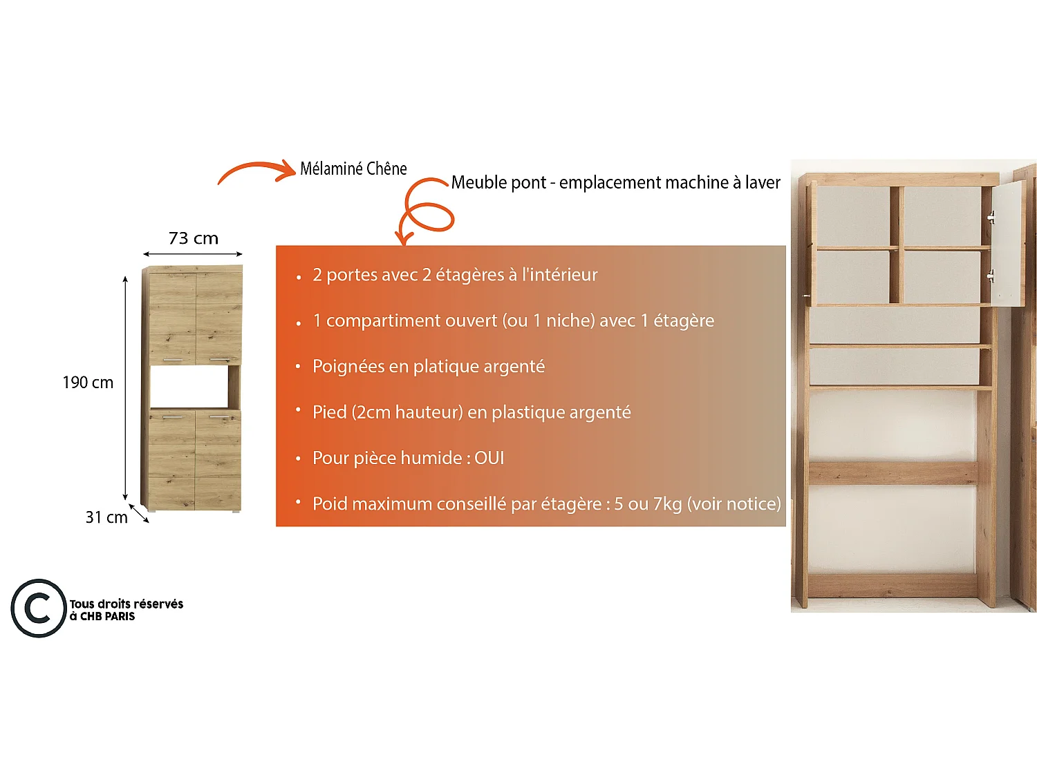 Meuble de salle de bain mélaminé - Meuble Colonne. Chêne. L-H-P : 73 - 190 - 31 cm