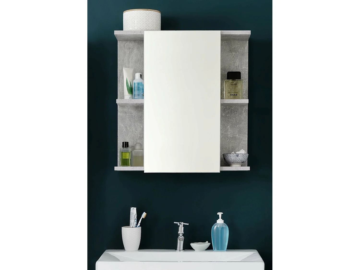 Meuble de salle de bain - Armoire de toilette avec miroir en mélaminé blanc brillant-gris. L-H-P:60-62-20cm