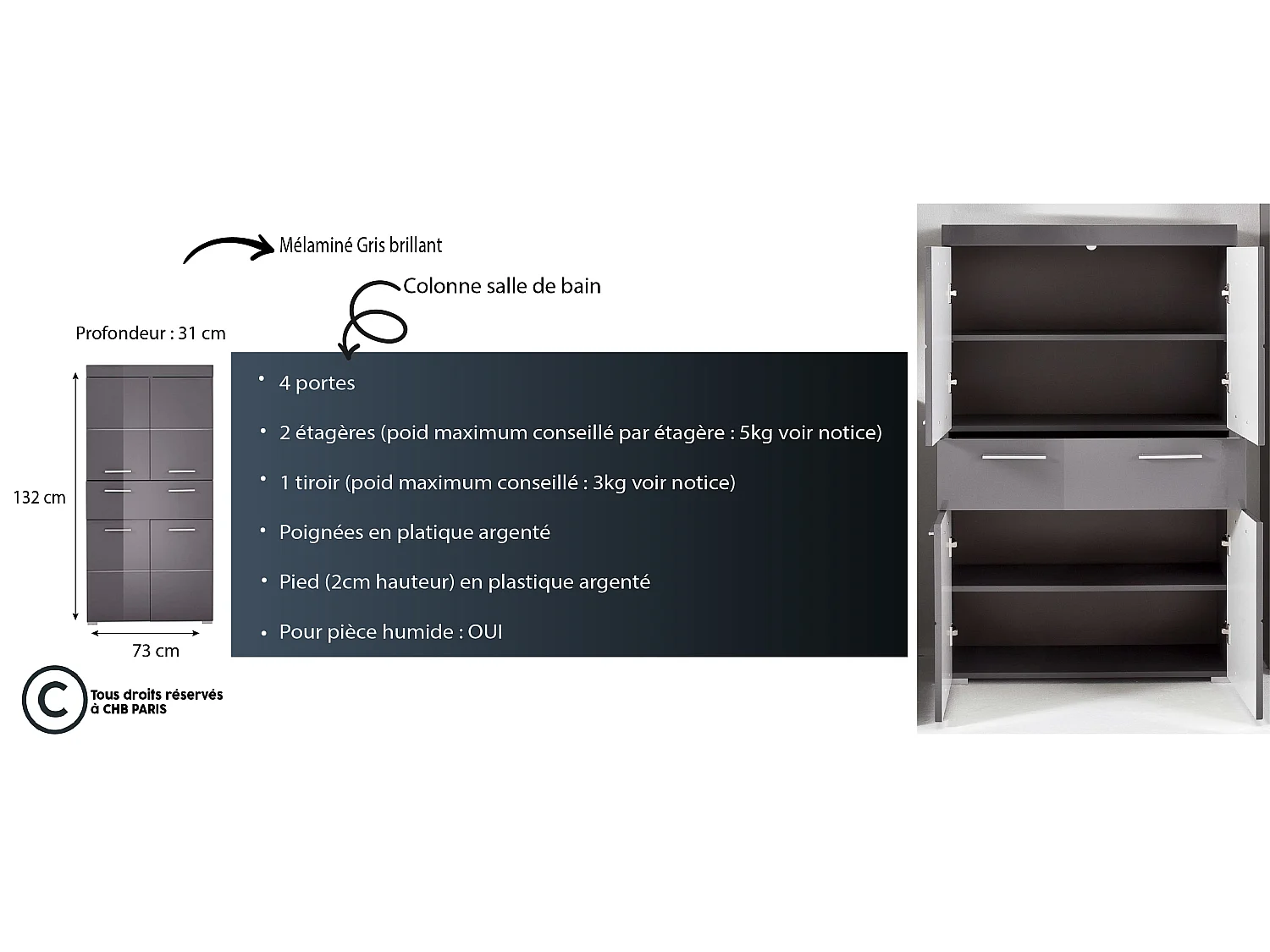 Meuble de salle de bain mélaminé - Meuble Commode. Gris. L-H-P : 73 - 132 - 31 cm