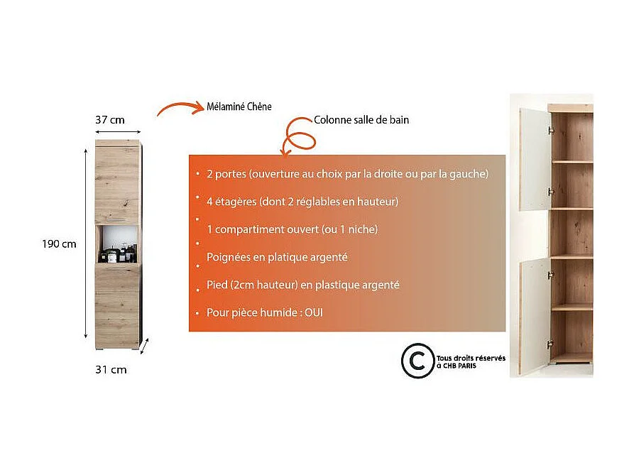 Colonne de salle de bain 2 portes chêne clair Kelia 37cm