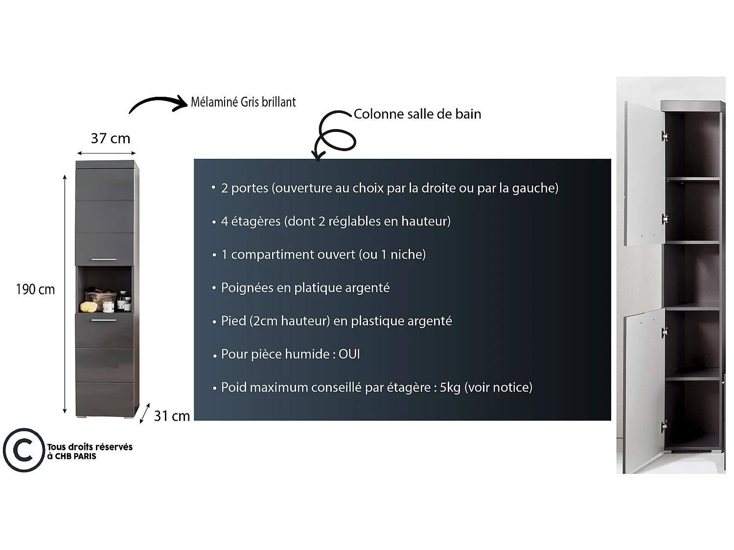 Meuble de salle de bain mélaminé - Meuble Colonne. Gris. L-H-P : 37 - 190 - 31 cm