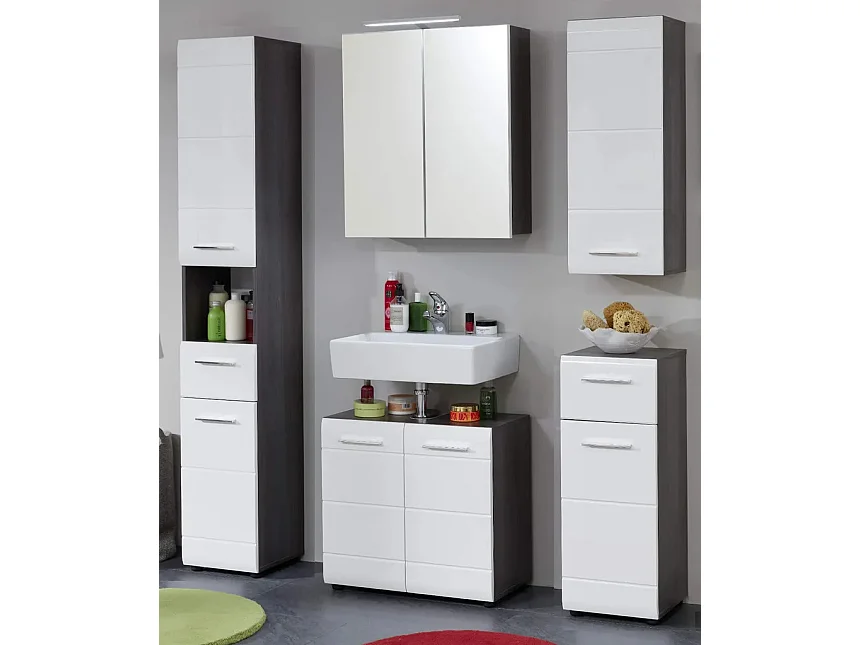 Armoire murale de toilette 1 porte blanc brillant et gris cendré 2 portes Kinzo 60cm