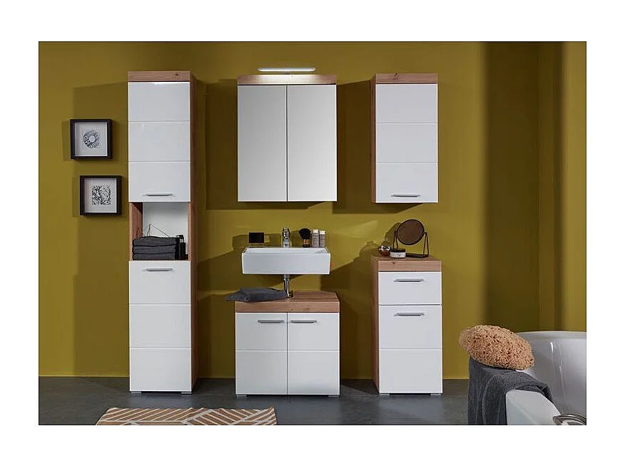 Colonne de salle de bain blanc brillant et chêne noueux Kelia 37cm