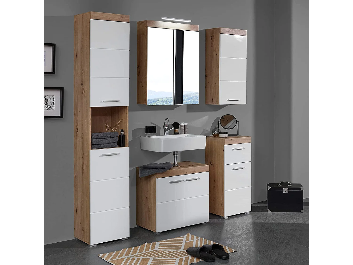 Colonne de salle de bain blanc brillant et chêne noueux Kelia 37cm