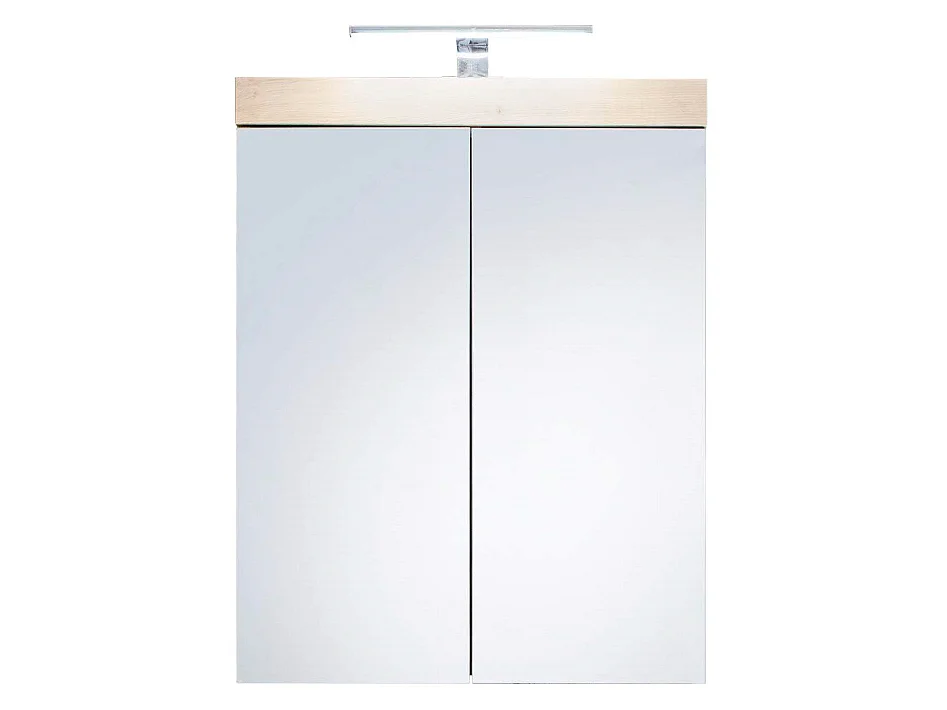 Armoire de toilette murale mélaminé  avec luminaire LED - 2 portes miroir - coloris blanc - bandeau chêne L - H - P : 60 - 77 - 17 cm