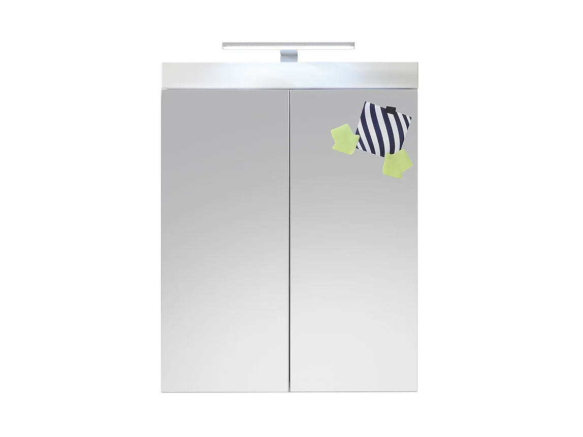 Armoire de toilette murale mélaminé avec bandeau lumineux blanc - 2 portes miroir. L - H - P : 60 - 77 - 17 cm