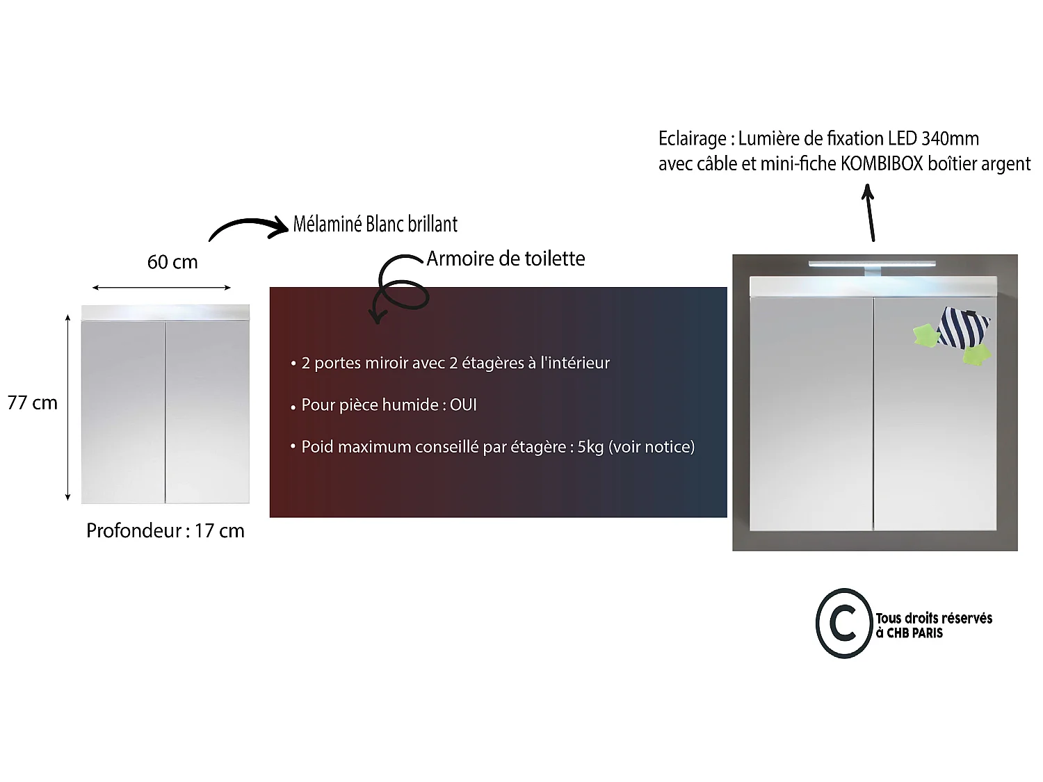 Armoire de toilette murale mélaminé avec bandeau lumineux blanc - 2 portes miroir. L - H - P : 60 - 77 - 17 cm
