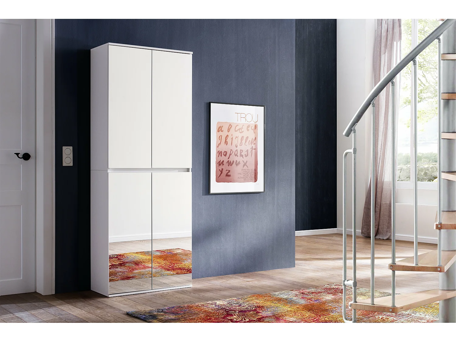 Meuble de chambre - Armoire avec 4 portes-miroirs en mélaminé blanc. L-H-P : 74-191-34 cm.