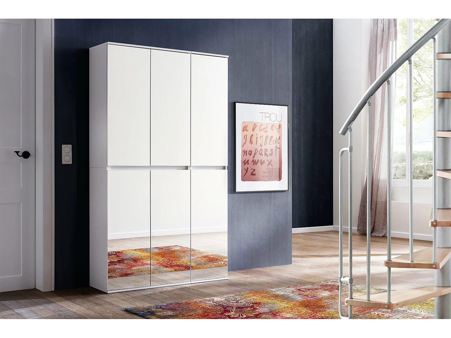 Meuble de chambre - Armoire avec 6 portes-miroirs en mélaminé blanc. L-H-P : 111-191-34 cm.