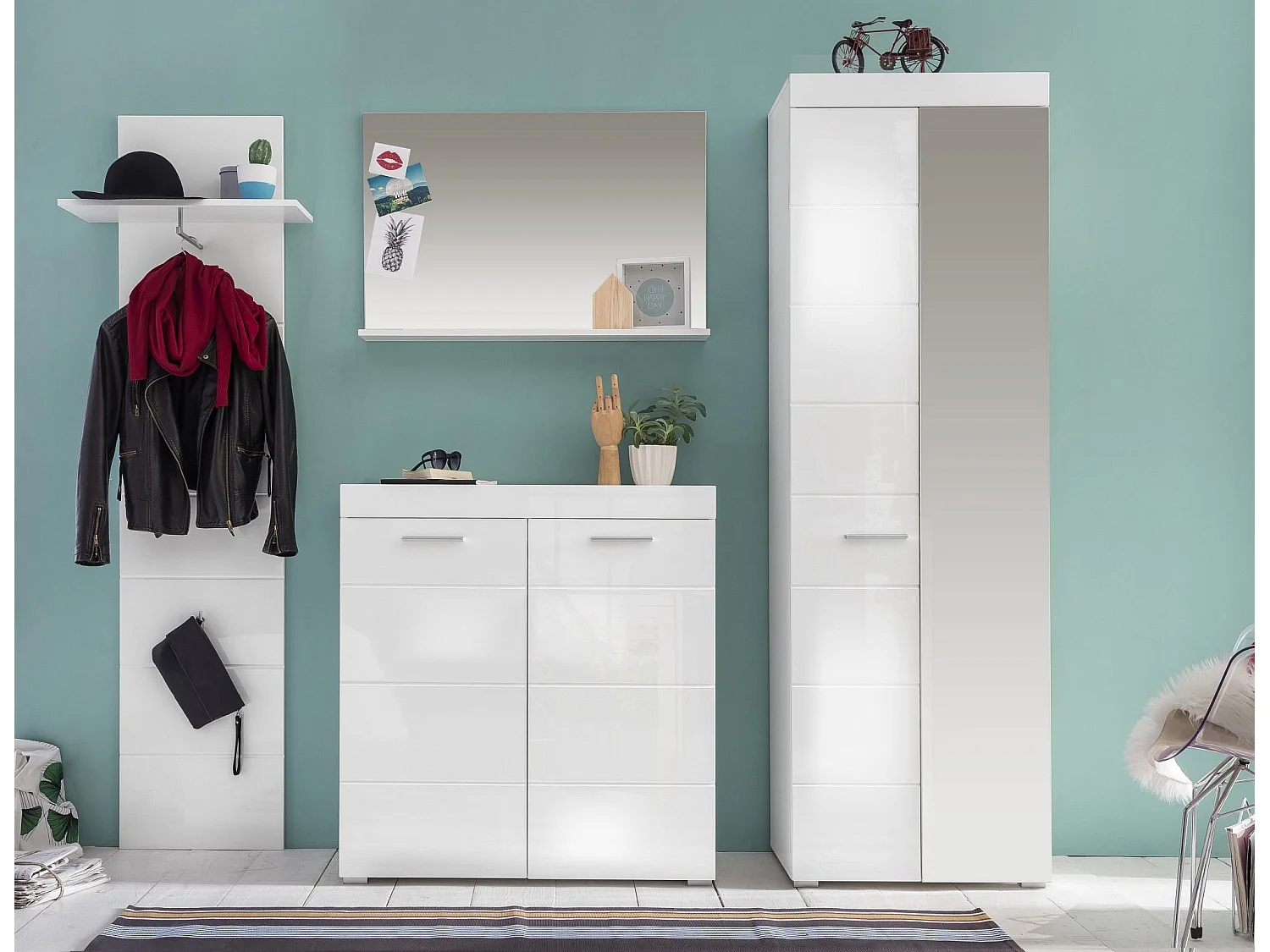 Armoire de rangement 1 porte blanc brillant 1 porte miroir Kelia 62cm