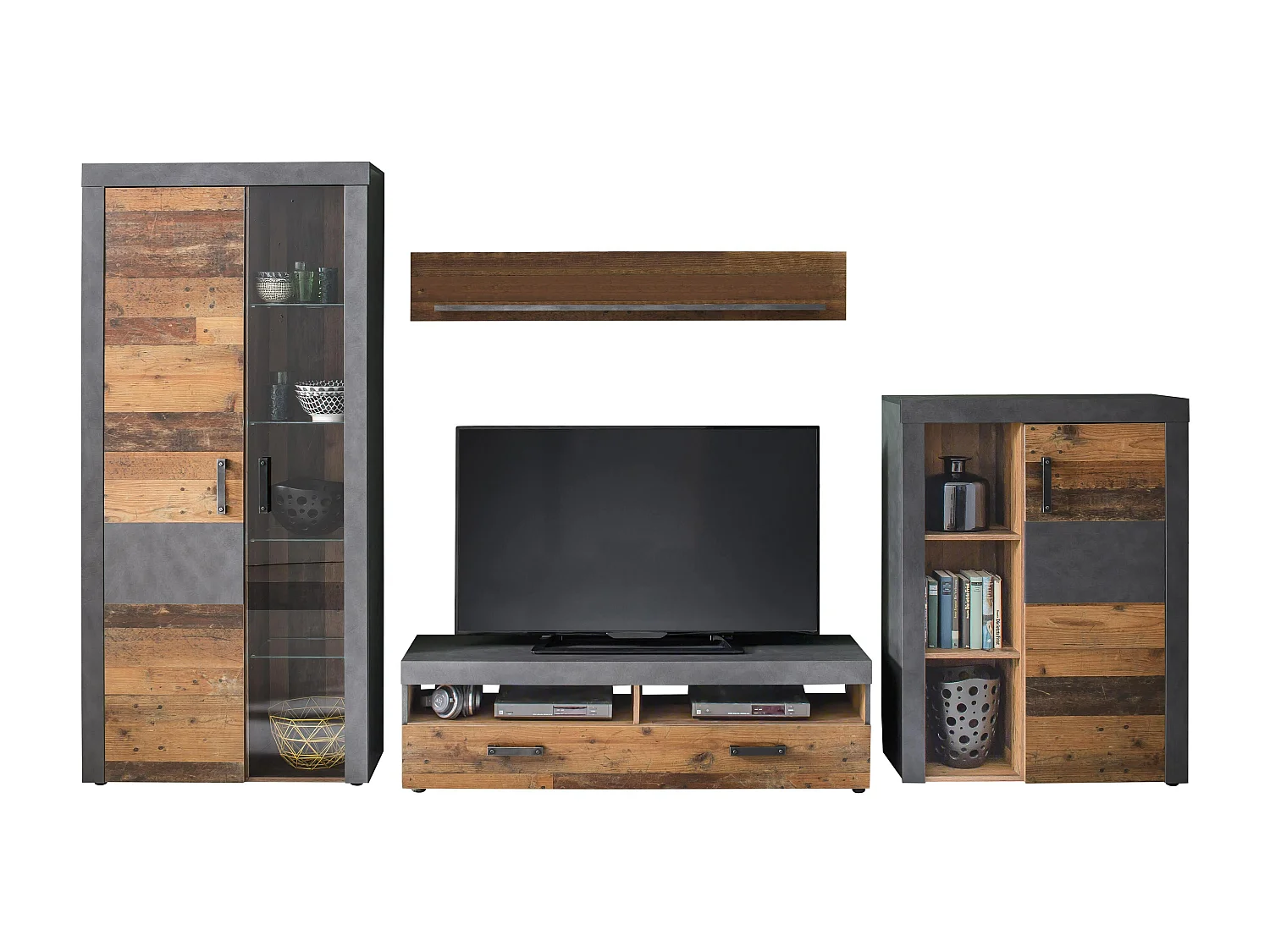 Ensemble de 4 meubles de salon avec éclairage LED inclus - Mélaminé vieux bois - Naturel-Gris - 343 - 189 - 40 cm