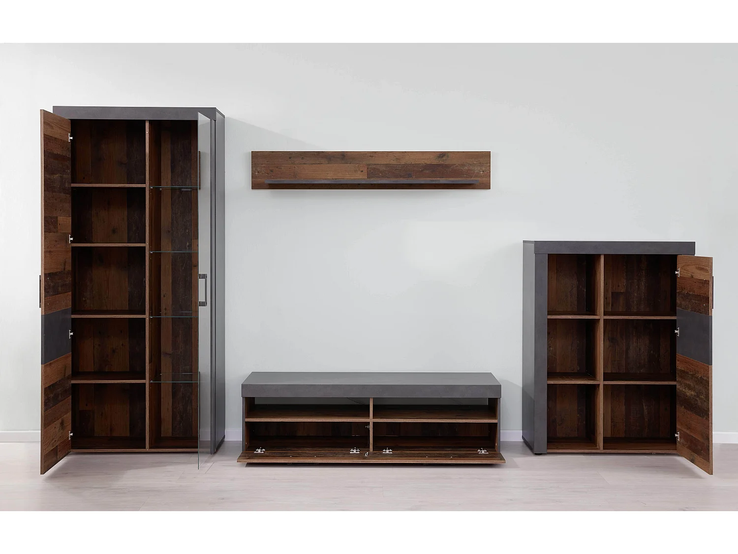 Ensemble de 4 meubles de salon avec éclairage LED inclus - Mélaminé vieux bois - Naturel-Gris - 343 - 189 - 40 cm