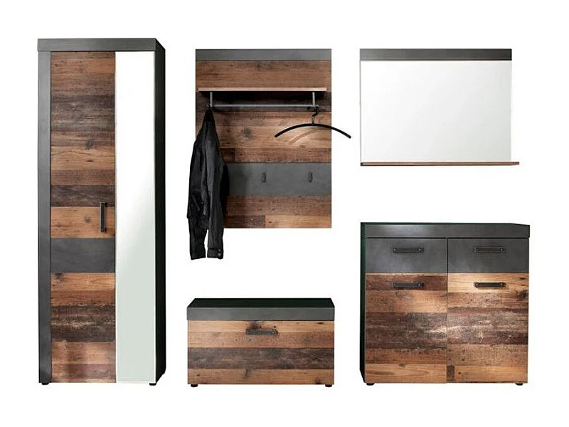 Mueble recibidor de 5 piezas en roble oscuro y melamina gris Orcel