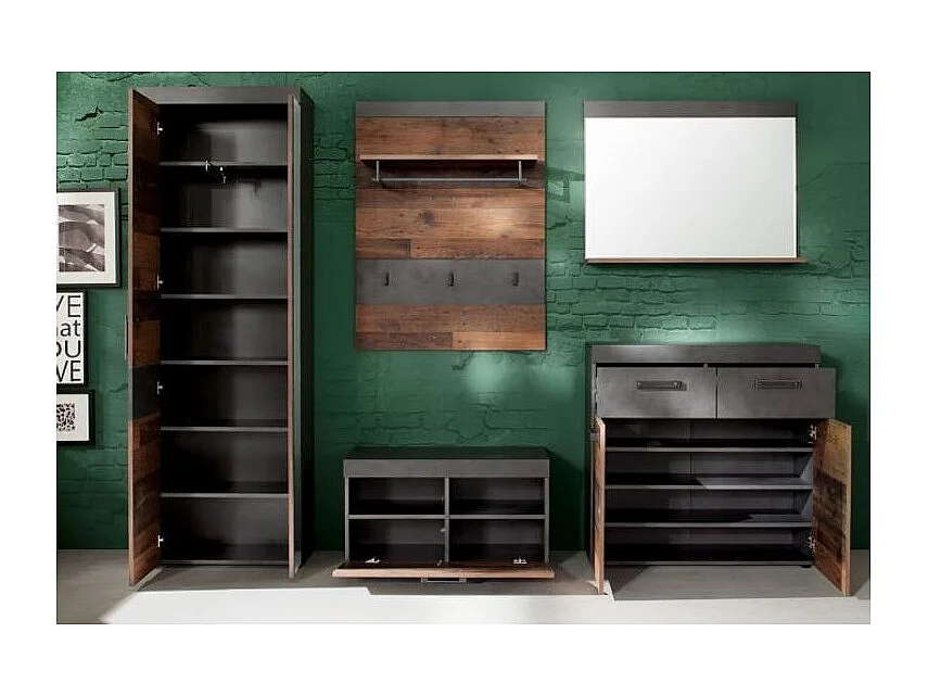 Mueble recibidor de 5 piezas en roble oscuro y melamina gris Orcel