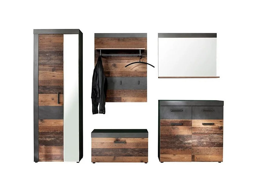 Ensemble meuble d'entrée 5 pièces mélaminé chêne foncé et gris Orcel