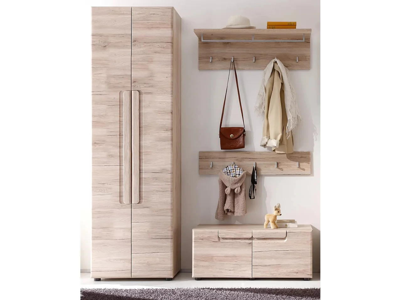Ensemble meuble d'entrée 4 pièces mélaminé chêne clair Aurel