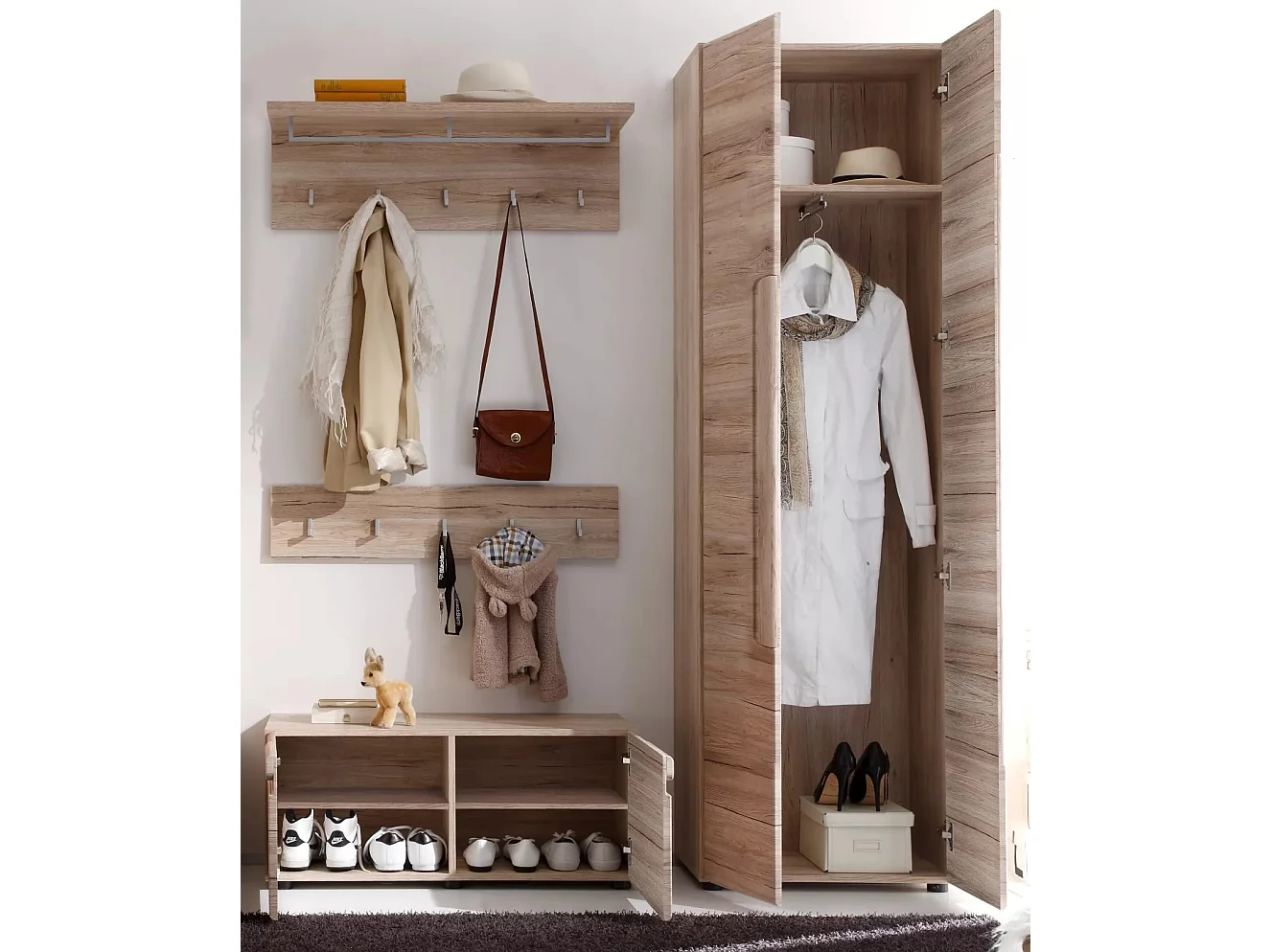 Ensemble meuble d'entrée 4 pièces mélaminé chêne clair Aurel