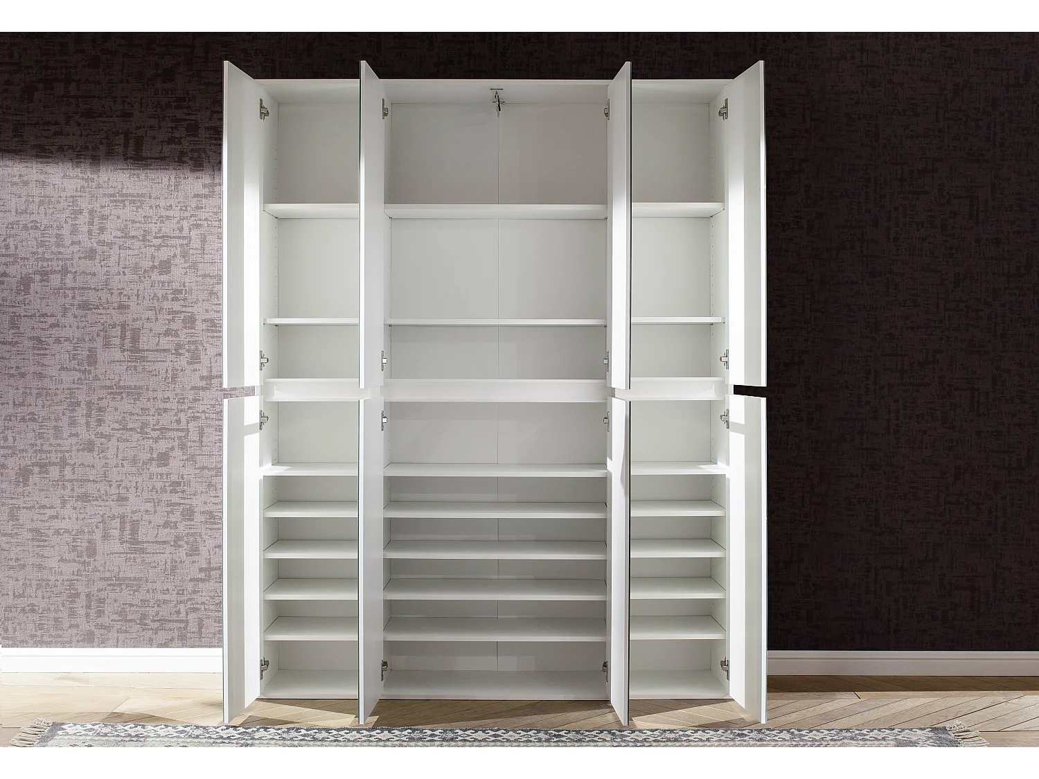 Meuble de chambre - Armoire avec 8 portes-miroirs en mélaminé blanc. L-H-P : 148-191-34 cm.