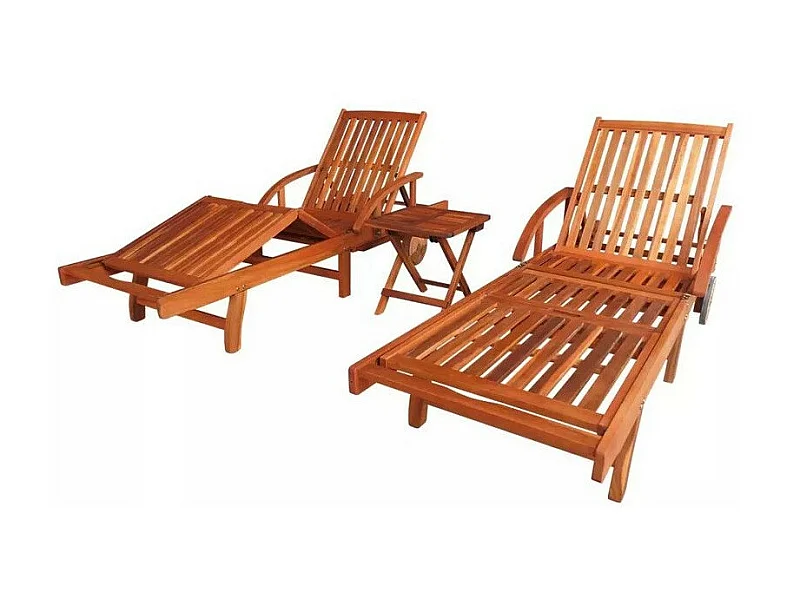 Set de 2 chaises longues et 1 table acacia massif foncé Sikash