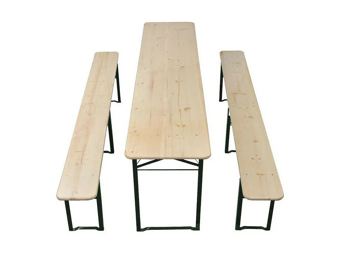 Table de jardin et 2 bancs pin massif clair et métal vert Tasep