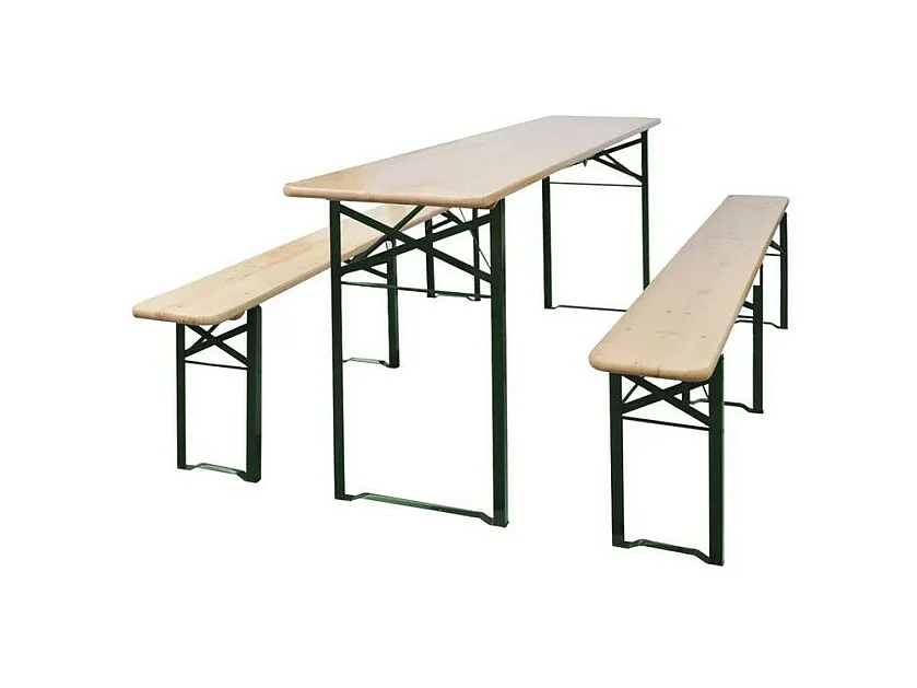 Table de jardin et 2 bancs pin massif clair et métal vert Tasep