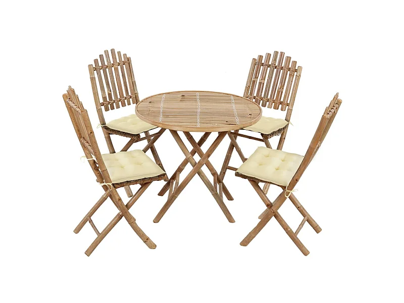 Mobilier à dîner d'extérieur pliable 5 pcs avec coussins Bambou