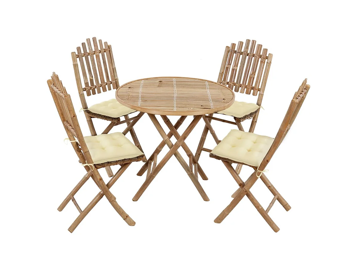 Mobilier à dîner d'extérieur pliable 5 pcs avec coussins Bambou