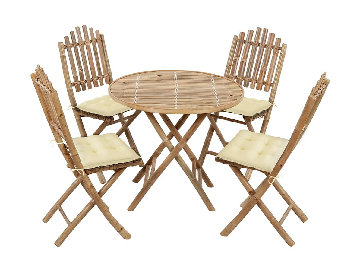 Mobilier à dîner d'extérieur pliable 5 pcs avec coussins Bambou