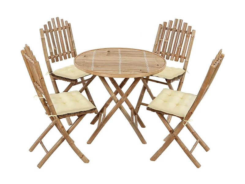 Mobilier à dîner d'extérieur pliable 5 pcs avec coussins Bambou