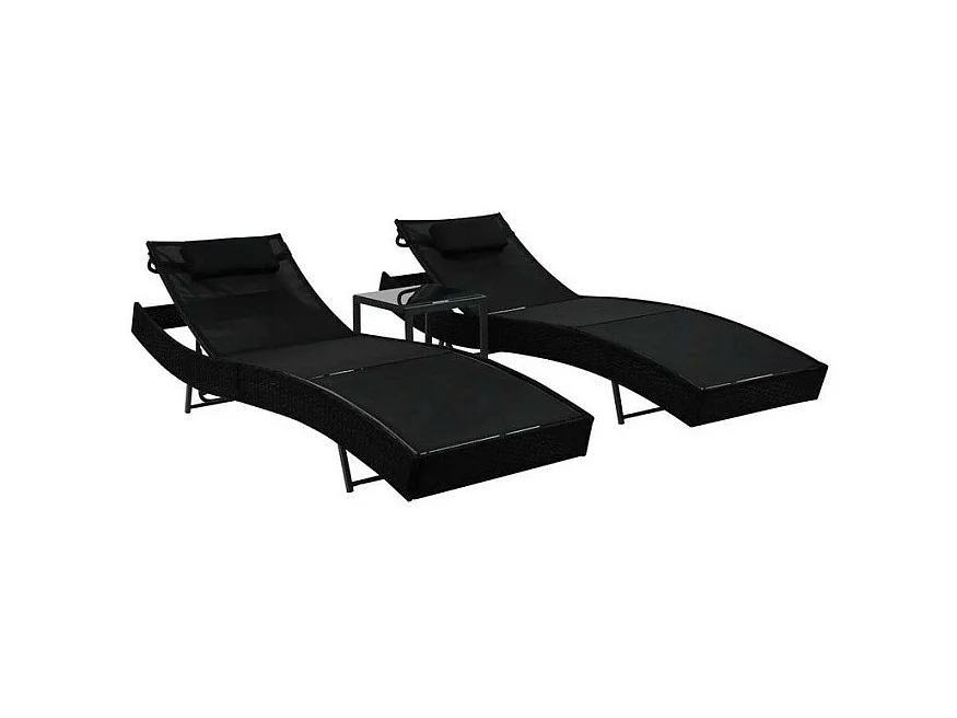 Set de 2 chaises longues 1 table textilène et résine noir Fatis