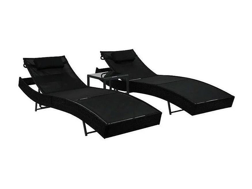 Set de 2 chaises longues 1 table textilène et résine noir Fatis