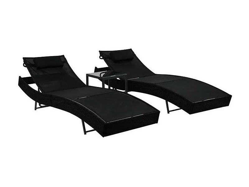 Set de 2 chaises longues 1 table textilène et résine noir Fatis