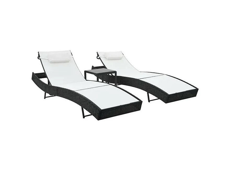 Set de 2 chaises longues 1 table blanc et résine noire Fatis