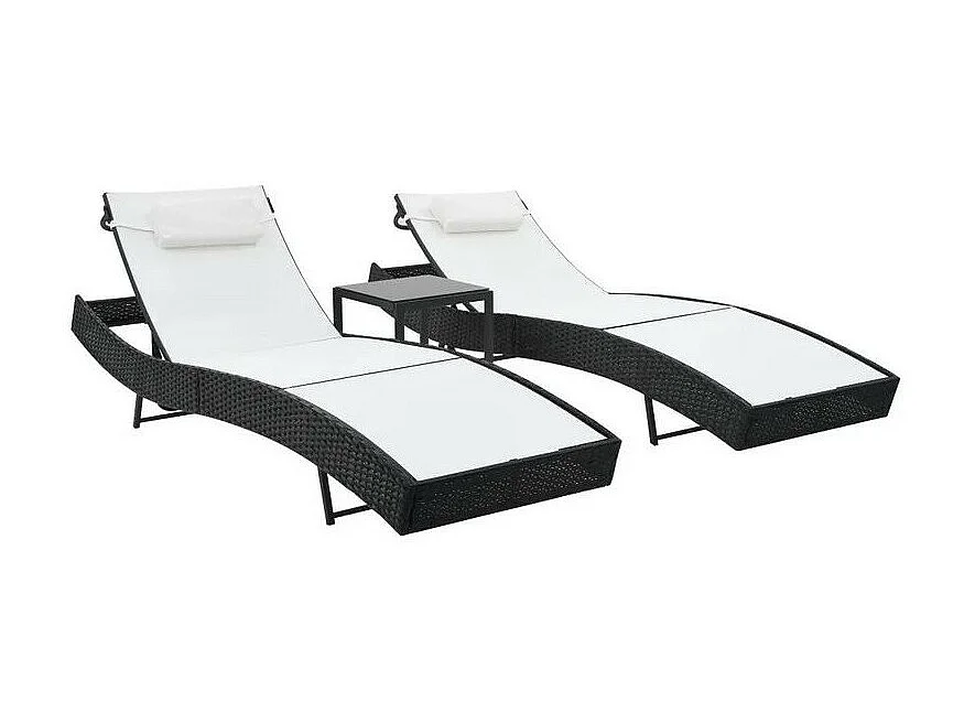 Set de 2 chaises longues 1 table blanc et résine noire Fatis