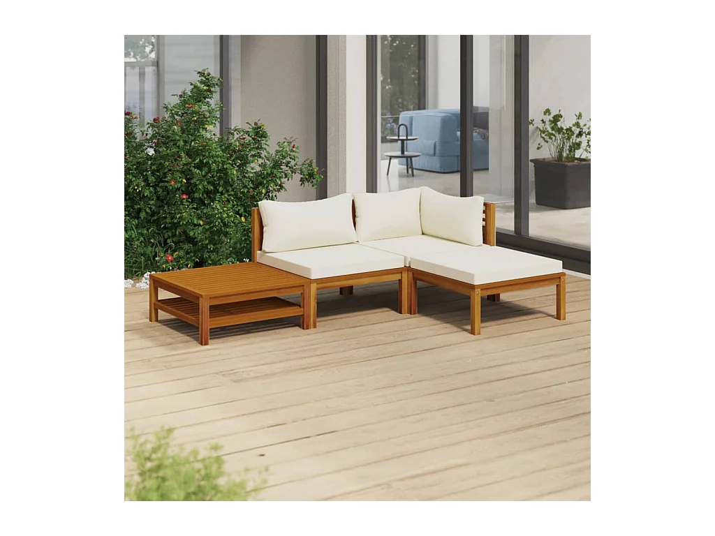 Salon de jardin 4 pcs avec coussin crème Bois d'acacia solide