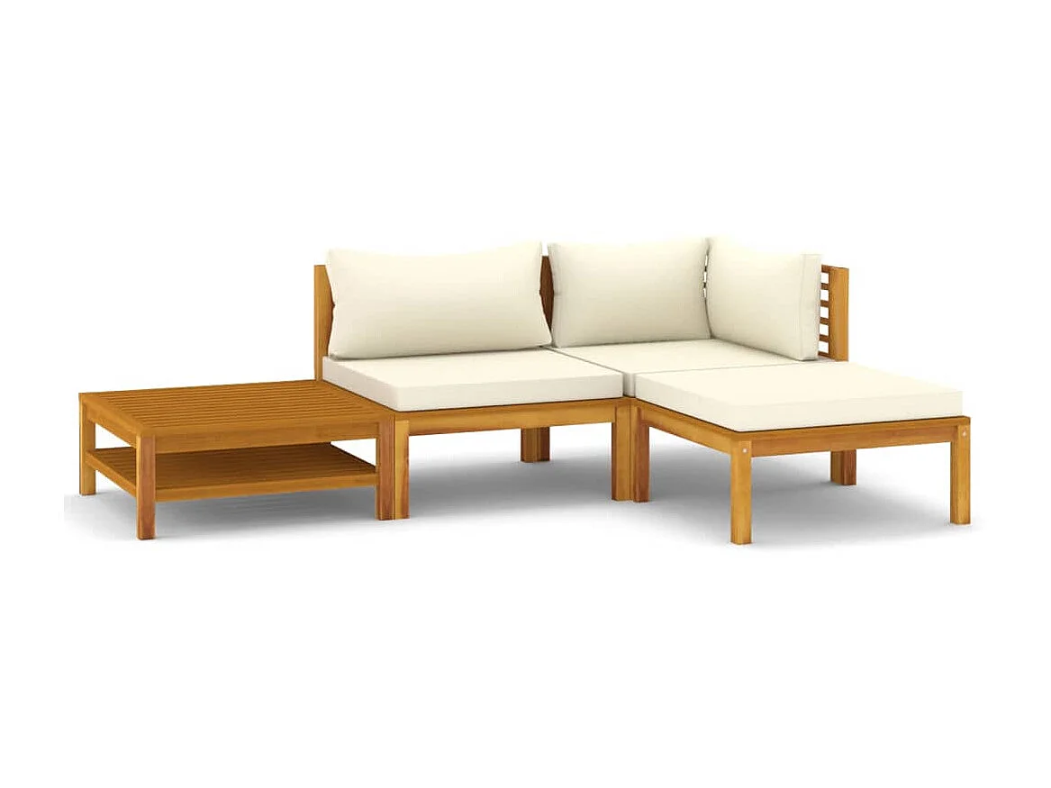 Salon de jardin 4 pcs avec coussin crème Bois d'acacia solide