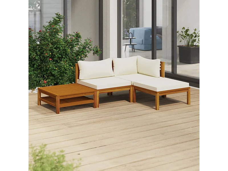 Salon de jardin 4 pcs avec coussin crème Bois d'acacia solide