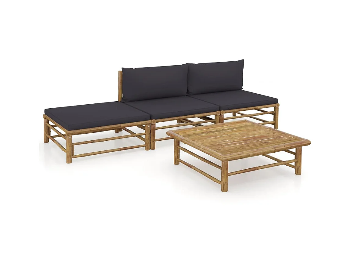 Salon de jardin 4 pcs avec coussins gris foncé Bambou 3