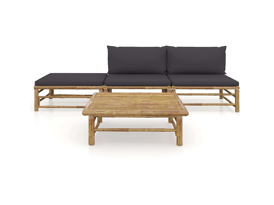 Set de muebles de jardín 4 piezas bambú con cojines gris oscuro