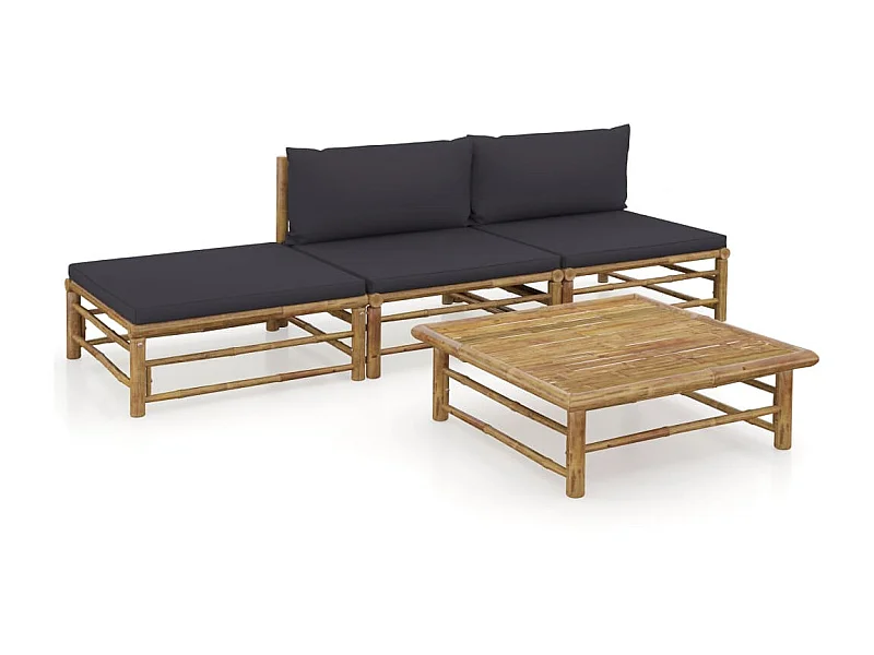 Salon de jardin 4 pcs avec coussins gris foncé Bambou 3