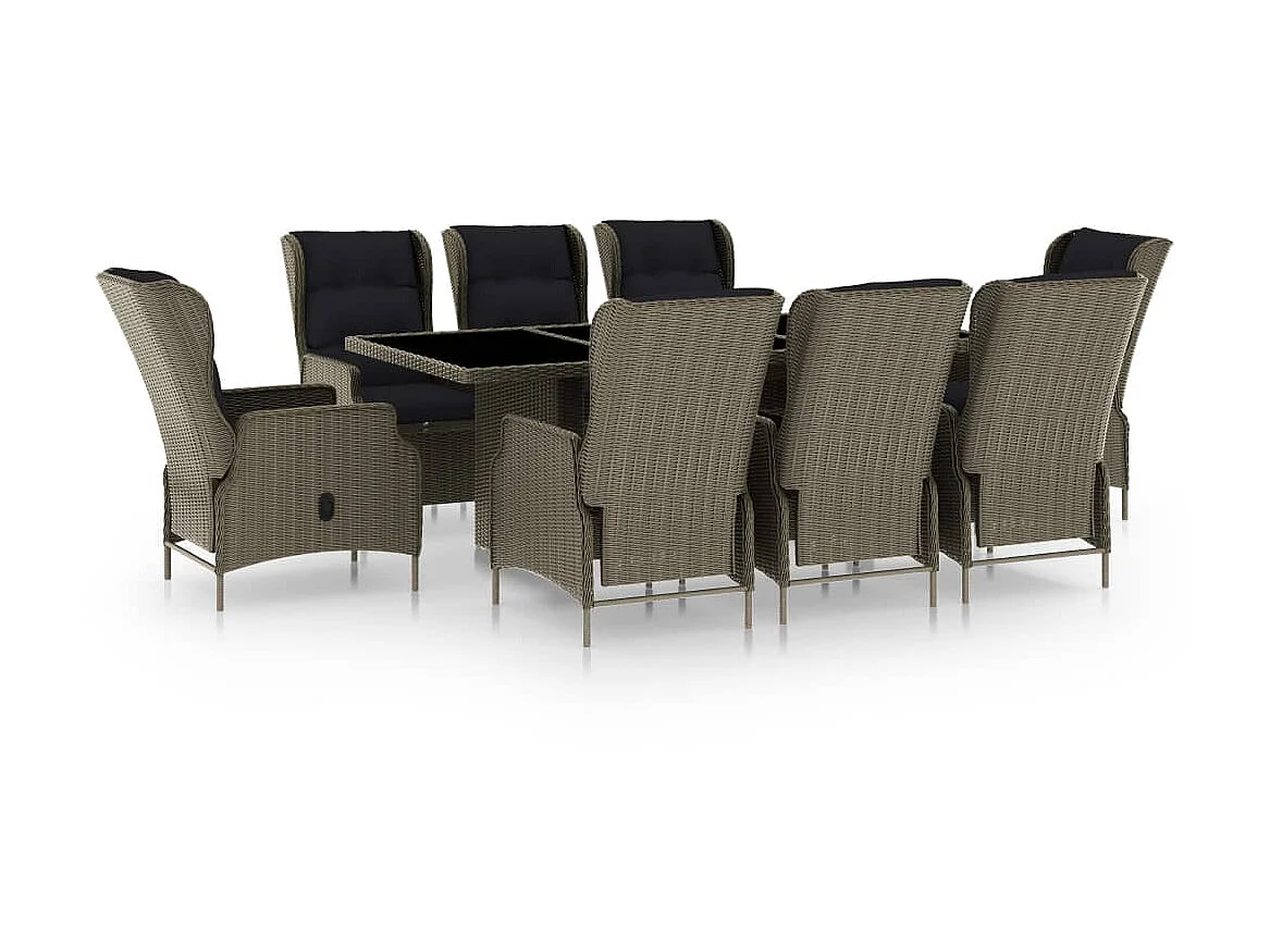 Mobilier à dîner jardin 9 pcs et coussins Résine tressée Marron
