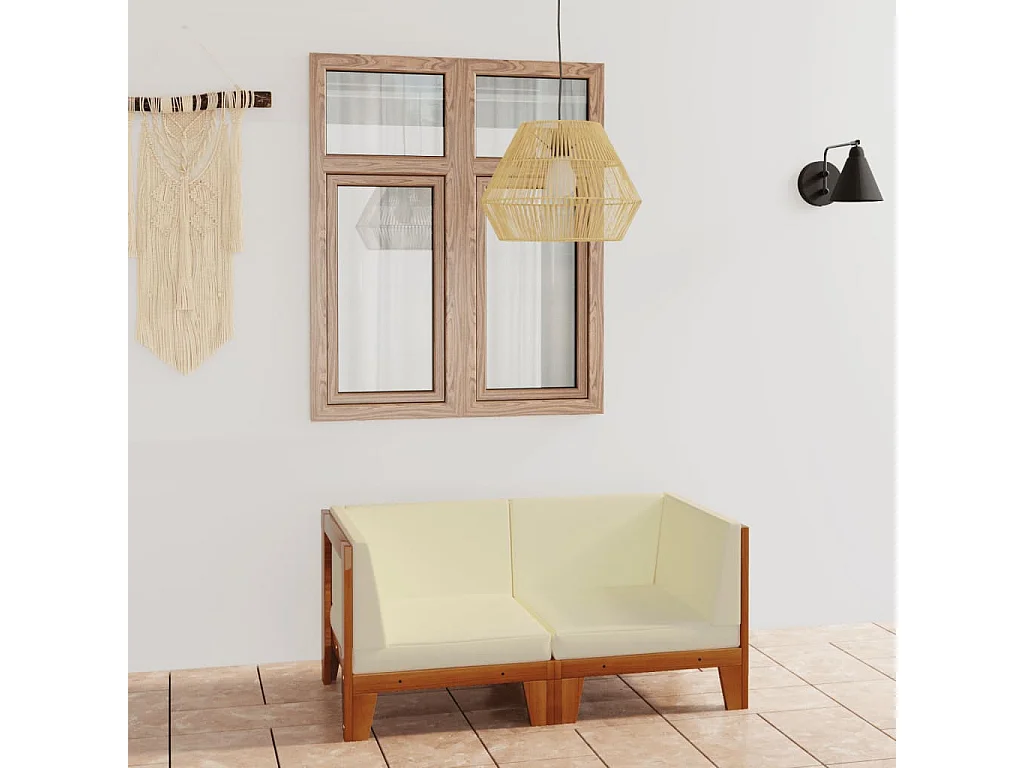 Canapé 2 places avec coussins blanc crème Bois d'acacia massif