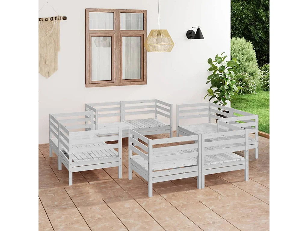 Salon de jardin 8 pcs Blanc Bois de pin massif 4